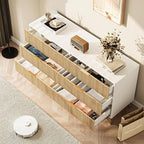 6 Drawer Dresser, 53.43 Inch Fluted Wood Double Dresser with Metal Handles Curved Design Wide Storage Organizer Cabinet Mid Century Modern Chest Dressers for Bedroom Living Room Entryway