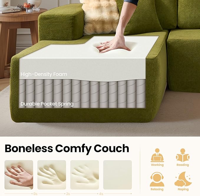 104" Cloud Sectional Couch with Chaise, Boneless L-Shaped Cloud Couch with Deep Seat, Modern Minimalist Sofa, Assembly Free Comfy Sofa for Office Living Room Study Room Apartment(Green, Left Chaise)