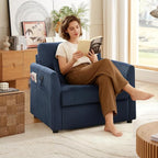 Modern Corduroy Accent Chairs, 38" W Comfy Armchair with Soft Pillows and Side Pockets, Single Reading Chairs for Living Room, Bedroom, Apartment, Navy Blue