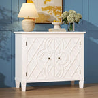 40" Coffee Bar Cabinet with Shelf, Craft Storage Cabinet with Doors, Wood Cabinet, Charming Carved Motif, Entry Way Cabinet with Storage, Sideboard Buffet for Living Room, Kitchen, Distressed White
