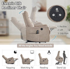 PELUMY Manual Lift Recliner Chair with Massage and Heat for Elderly, Single Motor Electric Lift Chair, Heavy Duty Recliner with USB Charging & Side Pockets (Chenille, Khaki)