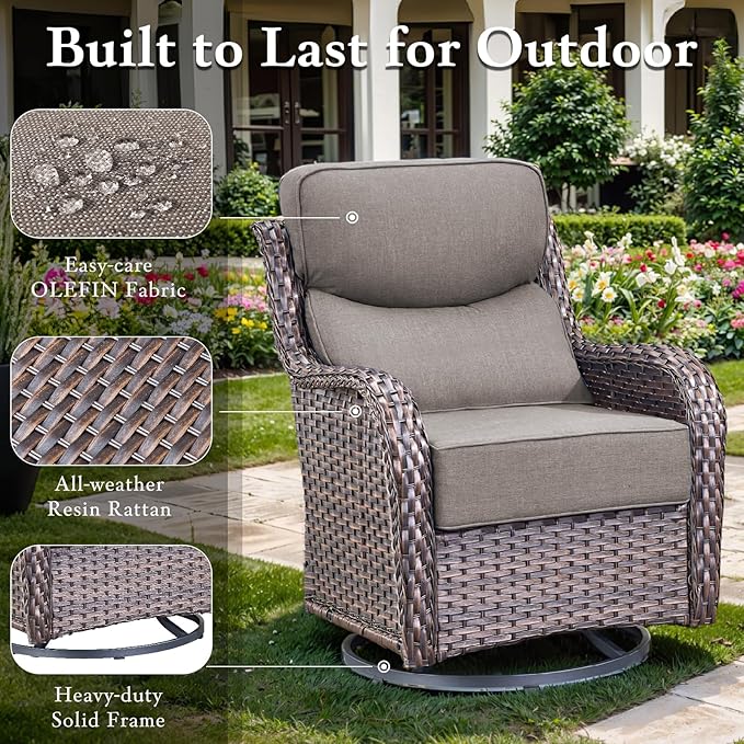 Luxury High Back Outdoor Furniture with 6-inch Extra Thick Cushions, Patio Furniture Set with Swivel Chairs, 7 PCS Wicker Conversation Set for Yard, Deck, Poolside, Brown/Grey