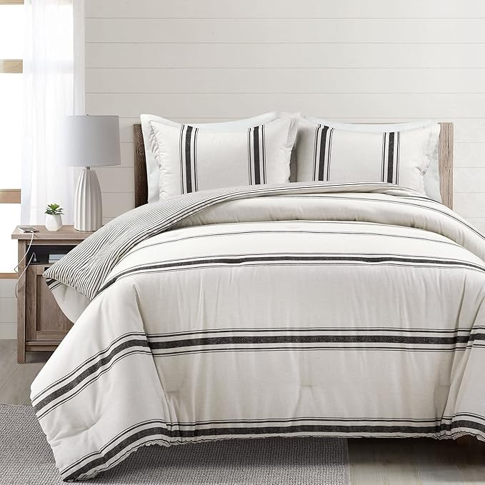 Lush Decor Farmhouse Stripe Reversible Cotton Comforter Set, 3 Piece Set, California King, Black - Cozy Farmhouse Bedding Set - Rustic Decor - Striped Comforter - Modern Farmhouse Bedroom Decor