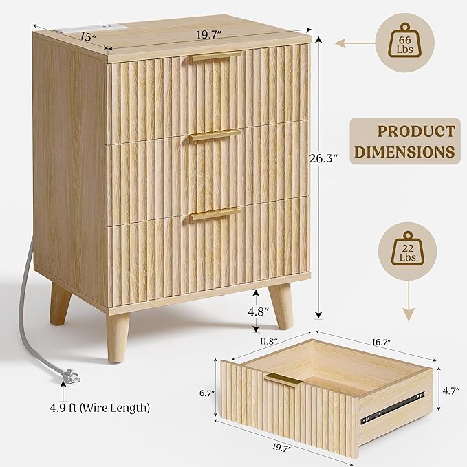 Lulive Wood Night Stand Set 2 Fluted Dresser for Bedroom 3 Drawers End Tables Nightstand with Charging Station, Storage Modern Side Table Natural