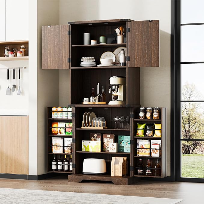 Cozy Castle 74" Farmhouse Pantry Cabinet with Charging Station, Tall Kitchen Storage Hutch Cabinet Coffee Bar Workstation, Sideboard Buffet Cupboard for Dining Room Living Room Furniture, Rustic Brown