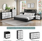 Nightstands Set of 2 with Charging Station, 25.8" Tall Wide Bedside Table with 2 Storage Drawers & Open Shelf, Mid Century Modern Wood End Table for Bedroom, Living Room, Black/White