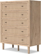 Signature Design by Ashley Cielden Contemporary Chest of Drawers with Textured Cane Details and 5 Drawers, Bronze Knobs, Wood, 52.48" High, Light Brown