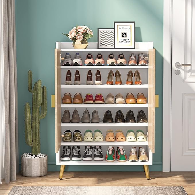 Tribesigns Shoe Cabinet with Doors, 7-Tier Shoe Storage Cabinet with Adjustable Shelves, Wooden Shoes Rack Shoe Storage Organizer for Entryway, Hallway, Closet, Living Room, Wood and Gold