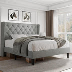 iPormis Full Size Platform Bed Frame with Button Tufted Headboard, Upholstered Bed Frame with Solid Wooden Slats, 8" Underbed Space, No Box Spring Needed, Noise Free, Easy Assembly, Light Gray