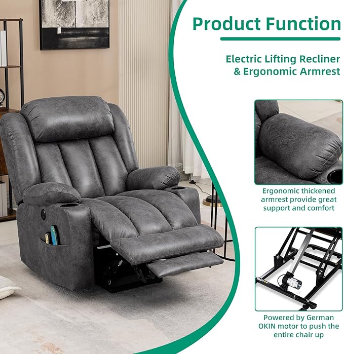 VIVIJASON Tall Man Large Power Lift Recliner Chair with Massage and Heat for Elderly, Overstuffed Wide Electric Lift Recliner with Extended Footrest, 2 Cup Holder, Side Pockets & USB Ports (Grey)