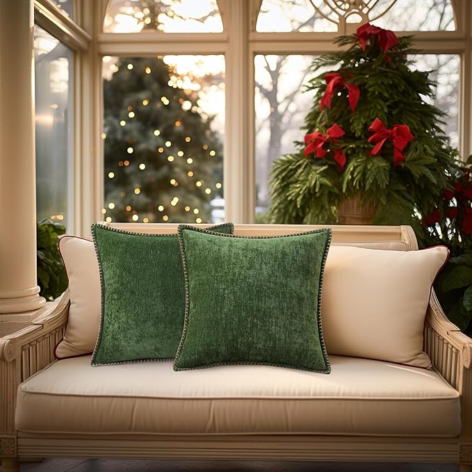 decorUhome Christmas Chenille Soft Throw Pillow Covers 22x22 Set of 2, Farmhouse Velvet Neutral Decorative Euro Fall Pillow Covers with Stitched Edge for Couch Sofa Bed Home Decor, Forest Elf