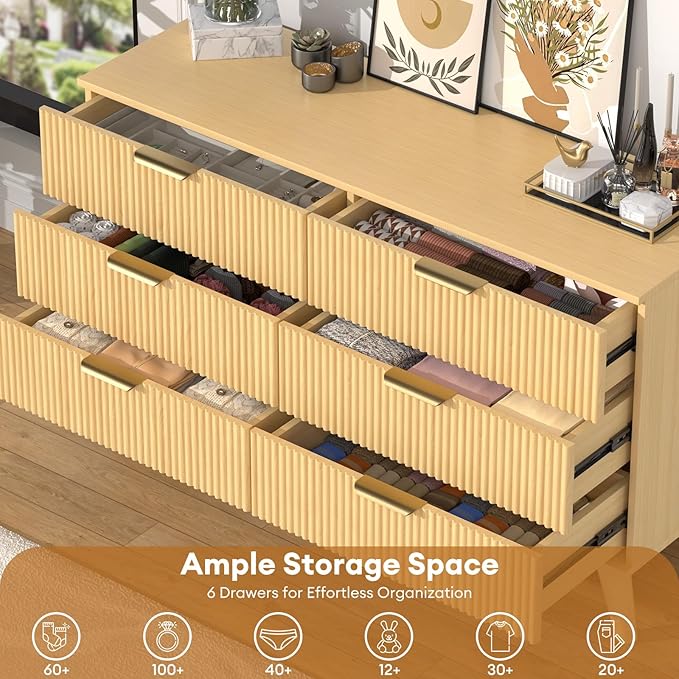 Boho Fluted 6 Drawer Dresser for Bedroom, Chest of Drawers with Solid Wood Legs, Modern Dresser Chest Cabinet Organizer with Golden Handles, Beside Table for Closet, Hallway, Bedroom