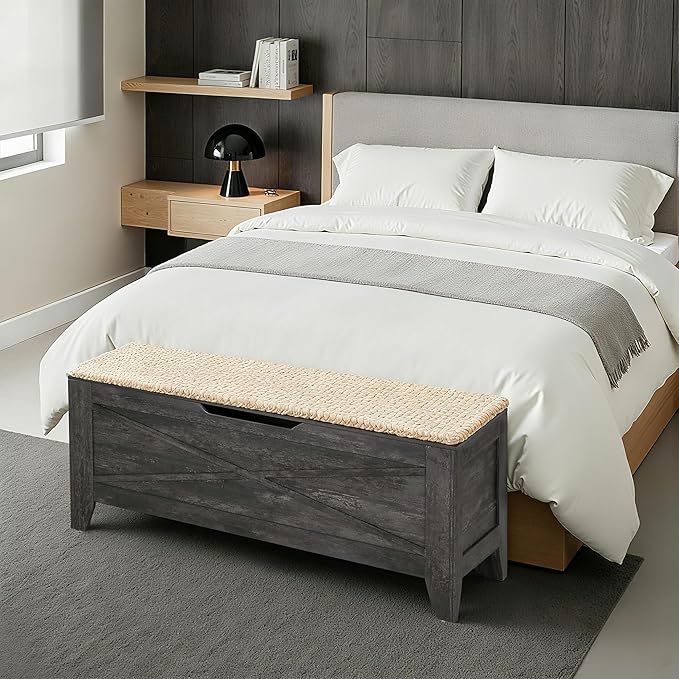 VECELO 43.3" Storage Bench, Entryway Shoe Ottoman, Farmhouse Style Bench with Handwoven Cushion and Metal Safety Hinges, for Bedroom, Living Room, Entryway, Gray