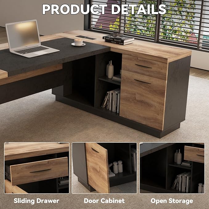 Office Desk with Drawers, 78.74 Inches L-Shape Executive Desk, Industrial Wood Desk with Storage Shelves, Modern Computer Desk for Home Office, Black and Wood, Right