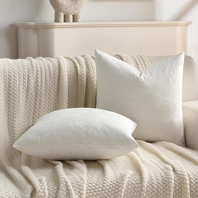FUTEI Cream Velvet Throw Pillow Covers 18x18 Inch Set of 2,Soft Embossed Leaf-Relief Textured Cushion Cases,Natural Home Decor for Couch Living Room