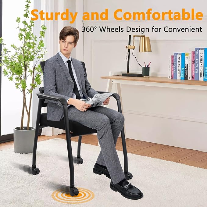 4PK Office Guest Chairs No Wheels | Ergonomic Lumbar Support and Thicked Seats Cushion, Desk Chair with Adjustable Mesh Back for Waiting Room School Church Reception，Black