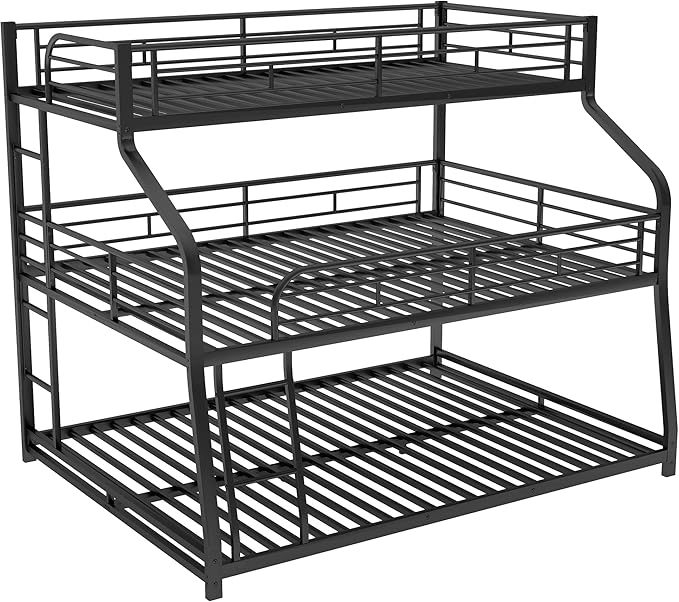Twin XL/Full XL/Queen Triple Bunk Bed with Long and Short Ladder & Full-Length Guardrails,3 Bed Frame in 1 w/Stairs,Easy Assembly,for Adult Kid Boy Girl Teen,Black