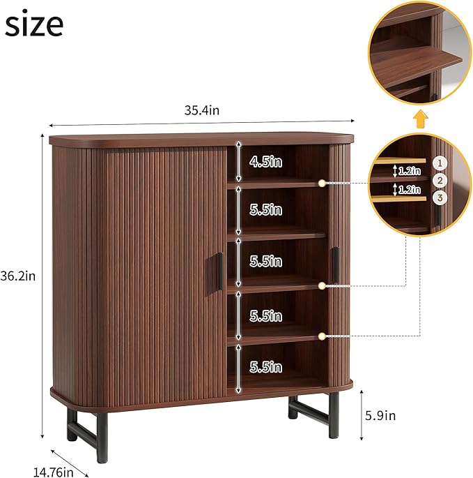 Maupvit Shoe Storage Cabinet with Smooth Fluted Sliding Doors, 5-Tier Shoe Cabinet Storage for Entryway, Narrow Hidden Shoe Rack for Front Door Entrance, Metal Handles and Legs, Walnut