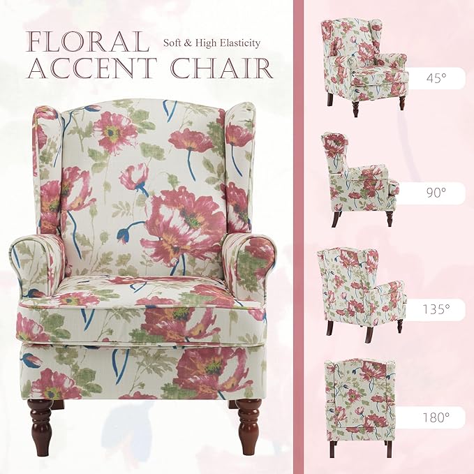 MELLCOM Floral Accent Chair, High Back Upholstered Armchair with Solid Legs, Leisure Single Sofa Chair for Living Room, Bedroom, Home Office, Pink Floral