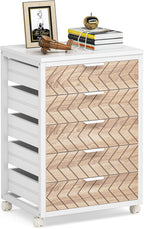 Tribesigns 5 Drawer Chest, Wood Storage Dresser Cabinet with Wheels, Industrial Storage Drawer Organizer Cart for Office Bedroom Entryway (Beige & White, 1 PC)