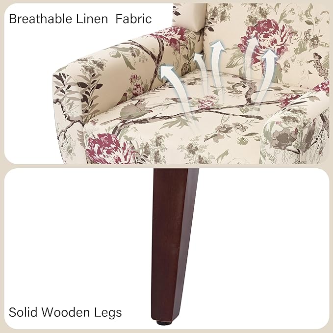 Accent Chair, Modern Linen Blend Arm Chair for Living Room, Bedroom, Comfy High-Resilient Sponge Reading Chair for Small Spaces (Pattern Red Floral, Set of 1)