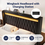 Allewie Upholstered King Size Platform Bed Frame with LED Light and Charging Station, Button Tufted High Headboard, Wingback Design, Noise Free, Easy Assembly, No Box Spring Needed, Black
