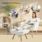 Small Accent Chair with Ottoman, Sherpa Upholstered Lounge Chair with Footrest, Comfy Reading Armchair with Wood Legs for Living Room Bedroom, White