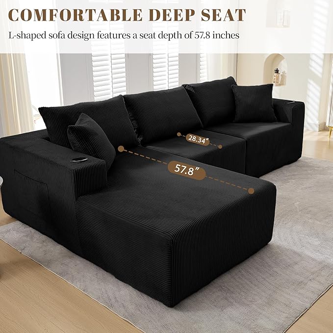 107" Cloud Sectional Couch, Modular Sectional Sofa with L-Shape Chaise, Corduroy Boneless Couch with Deep Seat, Upholstered Sofa for Living Room, No Assembly Required(Left-Facing Chaise, Black)