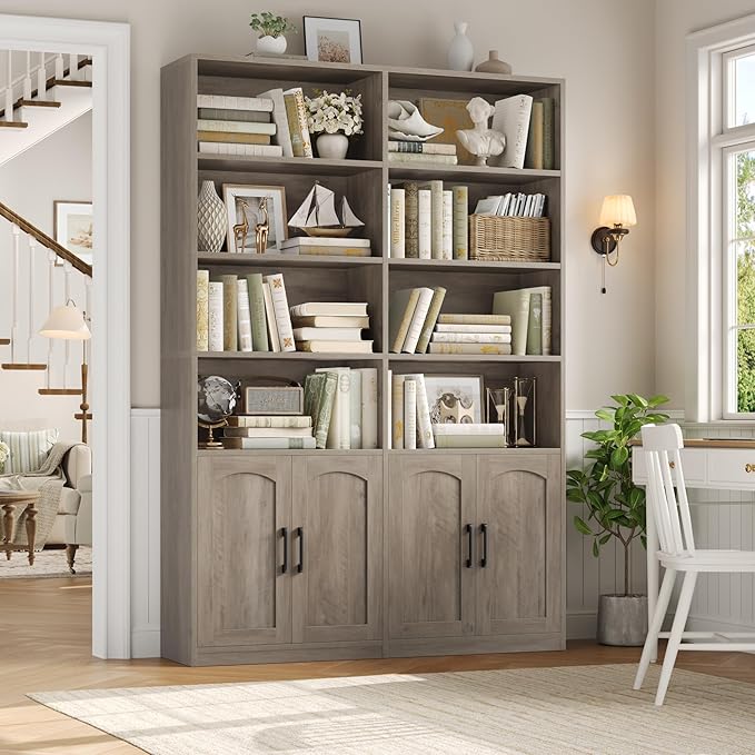 FACBOTALL Bookshelf and Bookcase with Doors, 6 Tier Double Wide Large Bookshelves, Open Display Shelves, 73'' Tall Bookshelf with Storage Cabinets for Home Office, Living Room, Library, Wash Gray