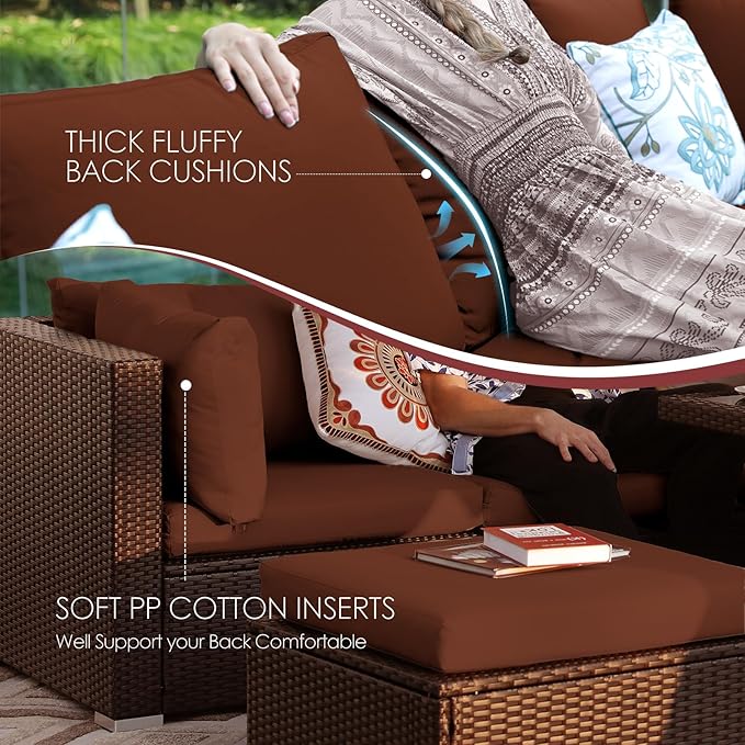 NICESOUL 6 Piece L-Shaped Modern Outdoor Furniture Set with Firepit Natural Gas/Propane, 29.3'' High-Back Deep Wide Seat Patio Conversations for Outside, Large Size Sofa, Brown Rattan and Red Cushion