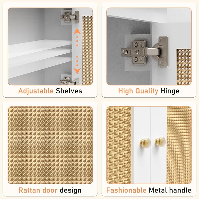 Over The Toilet Storage Cabinet, Behind Toilet Bathroom Organizer with Adjustable Shelves, Above Toilet Organizers with Rattan Door, Space Saver for Restroom, Bathroom, Laundry