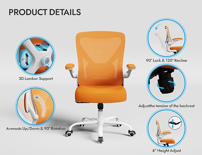 Ergonomic Office Chair - Home Office Desk Chairs Comfy, Computer Chair Ergonomic, Office Chairs with Lumbar Support, Executive Task Chair for Adults, Comfortable for Long Hours (Orange)