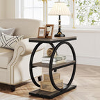 LITTLE TREE 3-Tier End Table Set 2, Grey Side End Table with Storage Shelves, Small Sofa Side Table for Living Room, Slim Nightstand and Bedside Table with Black Double Round Metal Legs