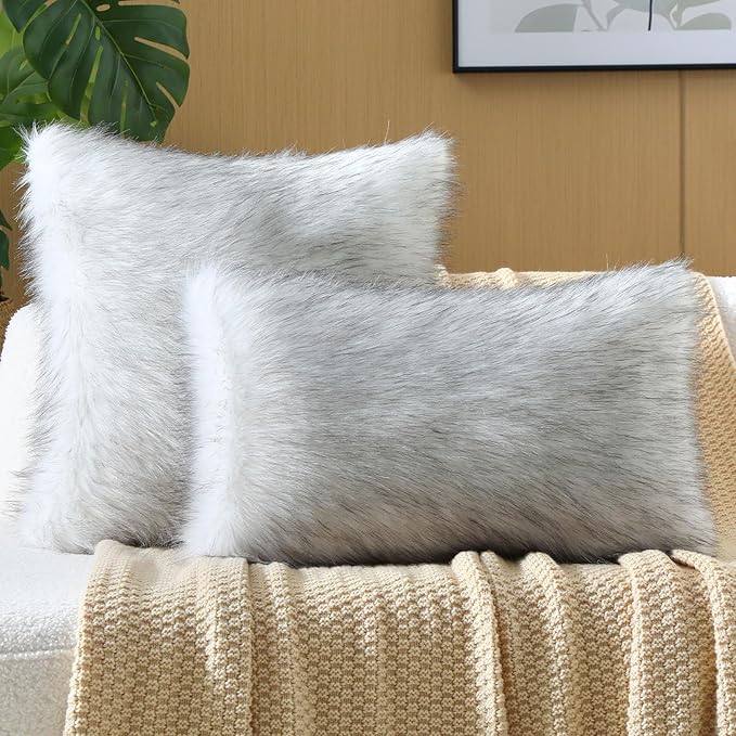 FUTEI Black White Decorative Throw Pillow Covers 12x20 Inch Set of 2,Soft Fluffy Faux Fox Fur Textured Lumbar Pillow Case,Modern Home Decor for Couch Living Room