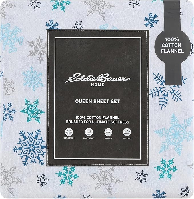 Eddie Bauer - Twin Sheets, Cotton Flannel Bedding Set, Brushed For Extra Softness, Cozy Home Decor (Tossed Snowflake, Twin)