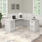 Bush Furniture Saratoga L Shaped Computer Desk with Drawers and Storage in Linen White Oak | Large Corner Office Table for Workspace