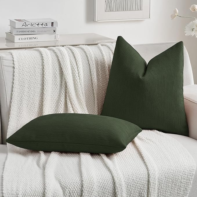 FUTEI Christmas Dark Green Chenille Decorative Throw Pillow Covers 20x20 Inch Set of 2,Soft Cozy Striped Geometric Patterns Cushion Cases,Modern Home Decor for Couch Bed Living Room