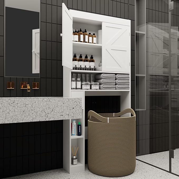 Over-The-Toilet Storage Cabinet - 2 Door Bathroom Organizer with Adjustable Shelves, Farmhouse Style Space-Saving Rack for Bathroom, Toilet, Laundry Room (White)