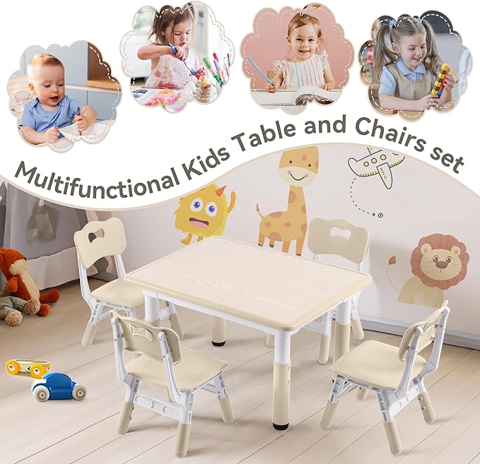 Kids Study Table and Chairs Set, Height Adjustable Toddler Table and Chair Set for Kids Ages 3-8, 31.5" L x 23.6" W Graffiti Desktop Plastic Children Art Table with 4 Seats, Burlywood