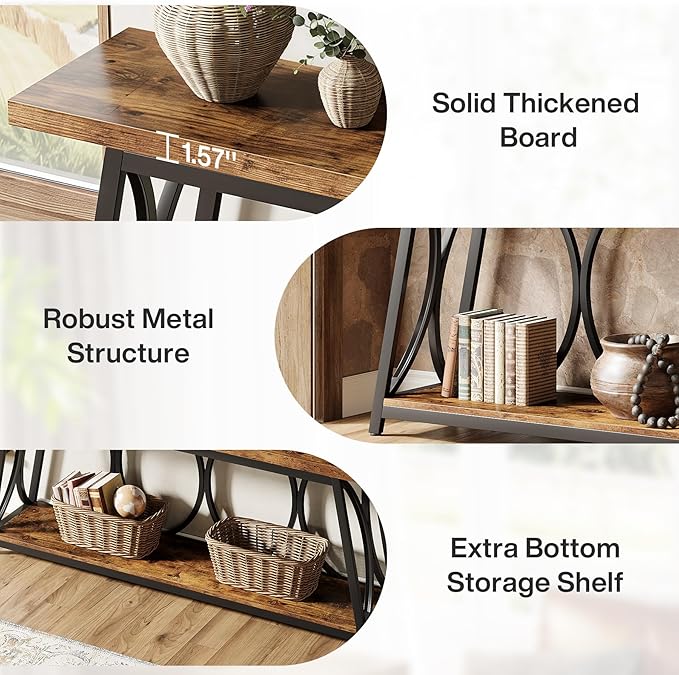 Tribesigns 2 Tiers Narrow Entryway Console Table, 71-Inch Long Industrial Wooden Sofa Table Behing The Couch with Storage Shelf and Metal Frame for Lving Room, Entrane, Hallway, Brown & Black