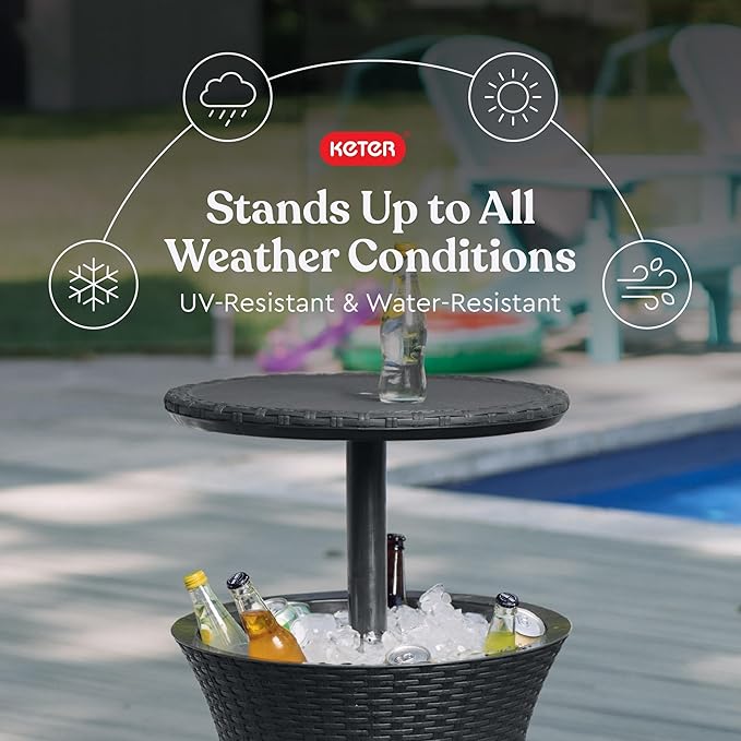 Keter Pacific Cool Bar Outdoor Patio Furniture and Hot Tub Side Table with 7.5 Gallon Beer and Wine Cooler, Dark Grey
