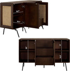 NTC MOSSIC Sideboard with 2 Doors and 3 Drawers, Buffet Cabinet with Natural Rattan and Metal Legs, Modern Storage Cabinet for Living Room, and Hallway, Effortless Assembly - Dark Walnut