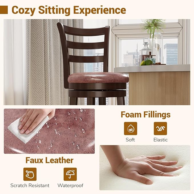 COSTWAY 26" Counter Height Stools Set of 2, Swivel High-Top Chairs with Backrest & Faux Leather Padded Seat, Rubber Wood Counter Barstools with Footrest for Kitchen, Dining Room, Pub (2,26'')