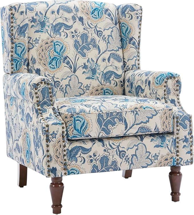 UIXE High Back Floral Accent Chair, Fabric Upholstered Armchair Wingback Arm Chair for Living Room, Nailhead Trim Single Sofa Bedroom Side Reading Seat with Retro Solid Wood Legs - Boho Blue