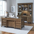 Liberty Furniture Carolina Park 5 Piece Jr Executive Set with Desk, Credenza & Hutch for Home Office- Amber Brown Oak Wood