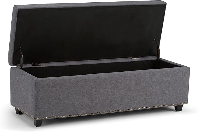 SIMPLIHOME Hamilton 48 inch Wide Transitional Rectangle Storage Ottoman in Slate Grey Linen Look Fabric, Assembled, For the Living Room, Entryway and Family Room