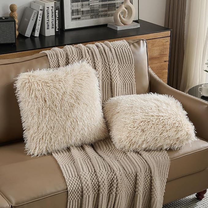 FUTEI Beige Decorative Throw Pillow Covers 18x18 Inch Set of 2,Soft Cozy Faux Fine Wool Textured Cushion Case,Modern Home Luxury Decor for Couch Bed Living Room