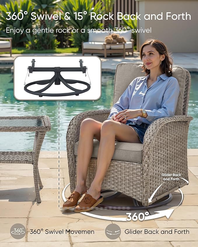 HUMMUH Patio Furniture Wicker Outdoor Furniture Sets High Back Outdoor Glider Bench with Patio Swivel Chairs Patio Conversation Sets for Deck Lawn Porch Balcony Poolside-Grey/Grey