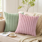 Pallene Faux Fur Plush Throw Pillow Covers 16x16 Set of 2, Luxury Soft Fluffy Striped Decorative Pillow Covers for Sofa, Couch, Living Room, Blush Pink