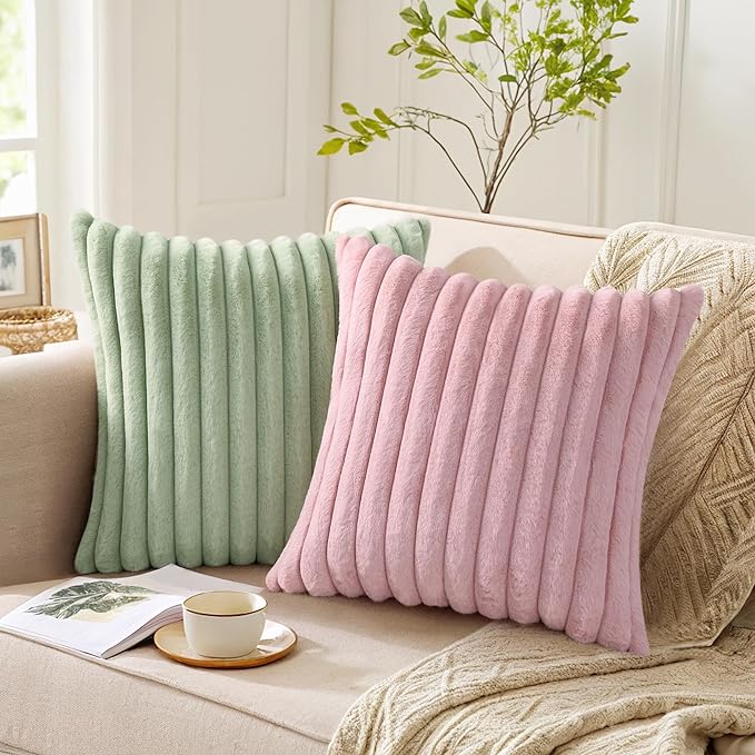 Pallene Faux Fur Plush Throw Pillow Covers 16x16 Set of 2, Luxury Soft Fluffy Striped Decorative Pillow Covers for Sofa, Couch, Living Room, Blush Pink